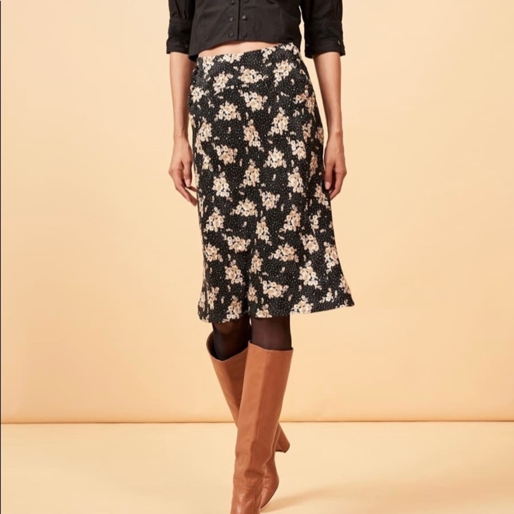 Rouje Black and Cream Floral Midi Skirt